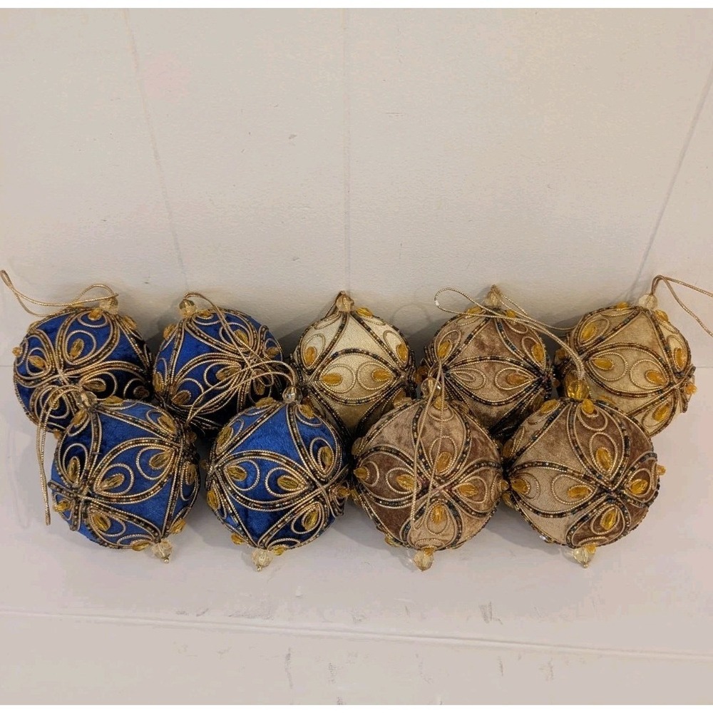 Lot 9 Blue Gold Velvet PUSH PIN Christmas Ornaments Beaded Trim MCM Vintage - Picture 2 of 16